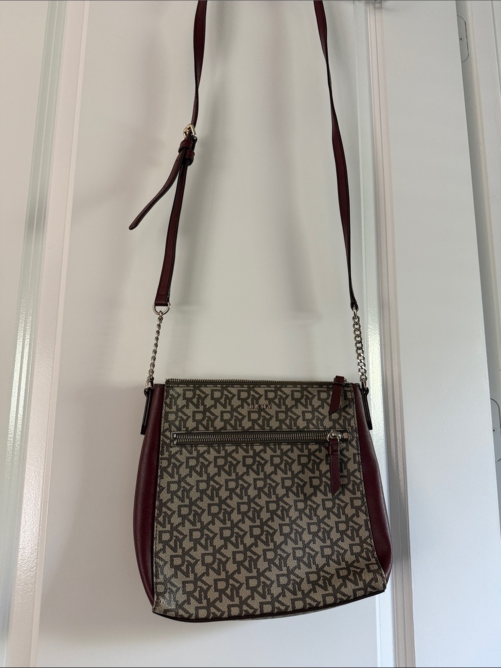 DKNY Designer Logo Crossbody Bag in Burgundy and Beige